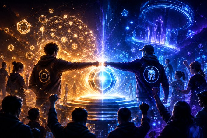 A vibrant digital artwork depicting two figures clashing at a glowing central cube—one radiating golden-orange light with geometric symbols, the other emitting cool blue energy with holographic human figures—surrounded by a cheering crowd in a cosmic arena.