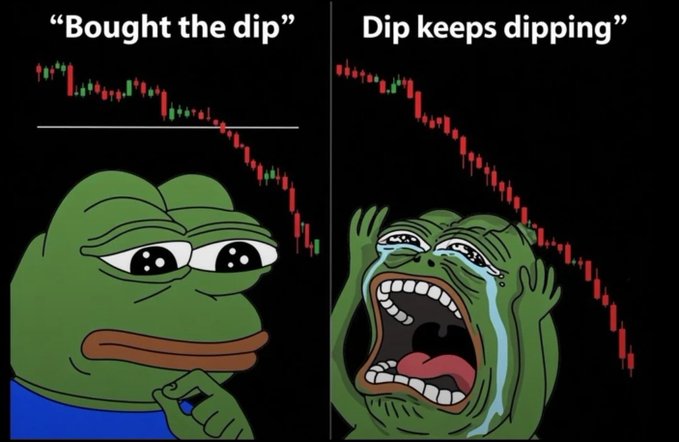 A two-panel meme featuring the Pepe the Frog character: on the left, confident and thoughtful Pepe under the text "Bought the dip" with a stock chart showing a temporary pause in decline, and on the right, a crying, screaming Pepe under "Dip keeps dipping" with a chart showing continued red candles—illustrating the common investor experience of buying a brief price dip only to watch the stock keep falling.