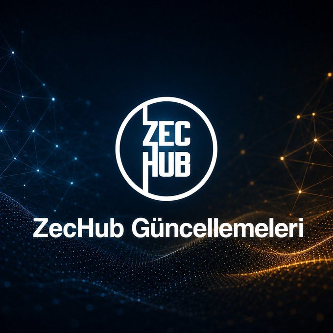A promotional graphic displaying a circular logo that reads 'ZECHUB' with the text 'ZecHub Güncellemeleri' below it, set against a dark blue background with glowing orange and blue particle network effects.
