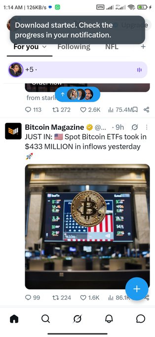 A mobile phone screenshot showing a Twitter/X feed with a "Bitcoin Magazine" post about "Spot Bitcoin ETFs took in $433 MILLION".