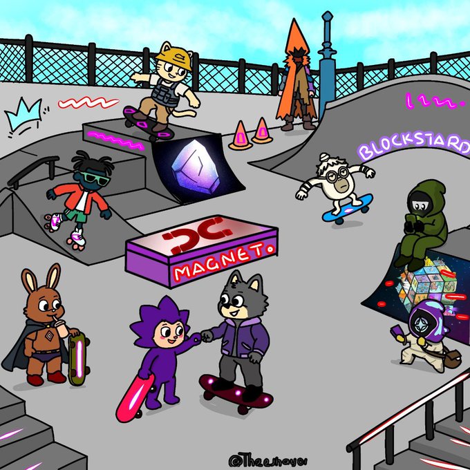 A colorful cartoon skatepark scene titled 'DC MAGNETO' featuring various anthropomorphic characters including a dog in a cat hoodie, a fox wizard, and a cloaked figure with a glowing gem.
