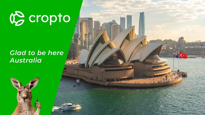 A promotional image showcasing Cropto's expansion into Australia, featuring the iconic Sydney Opera House against the city skyline with the text "Cropto – Glad to be here Australia" and a kangaroo giving a thumbs-up, symbolizing the company's official registration and global growth in the region.