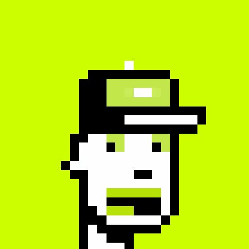 Pixel art of a skull-like face with green accents and a green hat or headband on a bright green background.