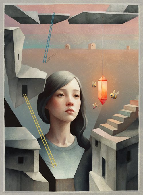 A surreal painting depicts a young woman with long dark hair surrounded by floating concrete steps, ladders, and a glowing orange lantern, with small bees buzzing nearby against a muted pink sky.