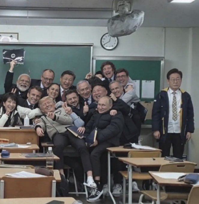 This image humorously depicts world leaders, including Modi, Macron, Trump, Xi Jinping, Netanyahu, Kim Jong Un, and Putin, posing like students in a classroom, relating to a post about "Current Summary of Korean Diplomacy" by satirizing its potential composition.