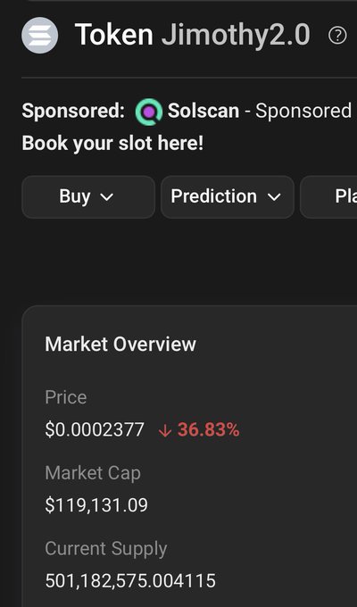 A cryptocurrency tracking app screen for 'Token Jimothy2.0' showing a market overview with a price of $0.0002377, down 36.83%, with a market cap of $119,131.09 and a sponsored ad for 'Solscan'.
