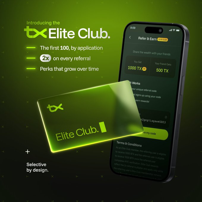 A promotional graphic for "$TX Elite Club" featuring a glowing green membership card alongside a smartphone displaying a "Refer & Earn" program where users receive 1000 TX and friends get 500 TX, with copy highlighting it as an exclusive, application-based first 100 members club offering 2x referral rewards and growing perks.