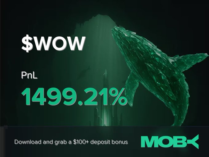 A Moby mobile trading advertisement featuring a green whale graphic showcases a massive +1499.21% PnL win on $WOW, promoting a $100+ deposit bonus for new users. The image visually celebrates the trader's exceptional return highlighted in the win alert post.