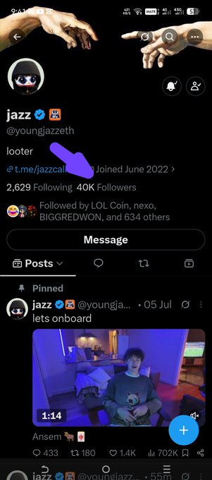 Twitter/X profile for 'jazz' (@youngjazzeth) showing 40K followers, with a pinned post titled 'lets onboard' featuring a video.