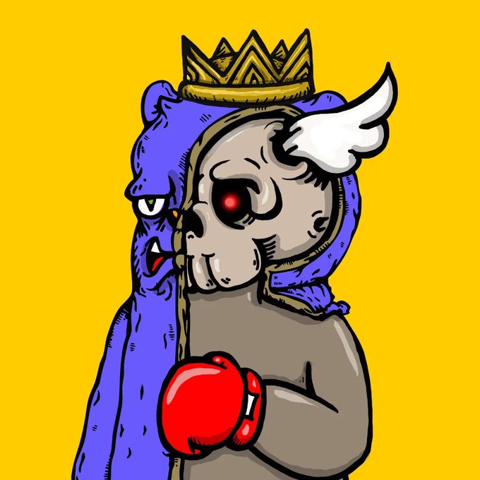 Stylized illustration of a crowned figure wearing a blue hood and red boxing gloves, with one glowing red eye and a white wing, set against a yellow background.