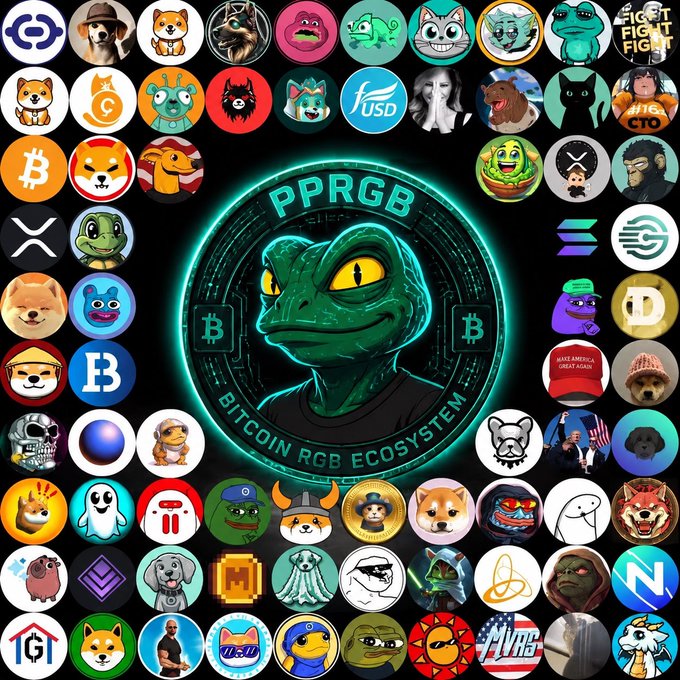 A cryptocurrency ecosystem collage featuring a central green gecko logo labeled 'PPRGB - BITCOIN RGB ECOSYSTEM' surrounded by various coin and meme token logos including Bitcoin, XRP, and USDC.