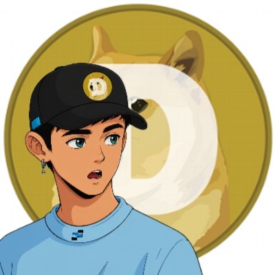 An anime-style illustration of a young man wearing a black baseball cap with a doge logo, standing in front of a gold Dogecoin featuring a Shiba Inu dog.