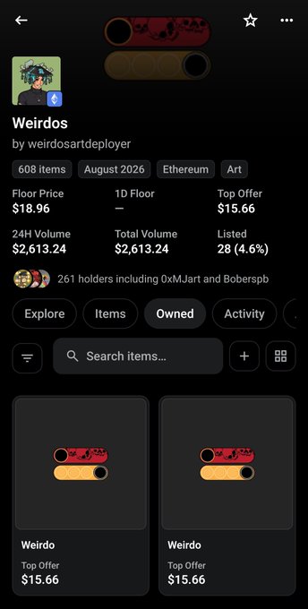 A mobile app screen showing an NFT collection called 'Weirdos' by weirdosartdeployer on Ethereum, with 608 items, a floor price of $18.96, 24H volume of $2,613.24, 261 holders including 0xMJart and Boberspb, and 28 (4.6%) listed.