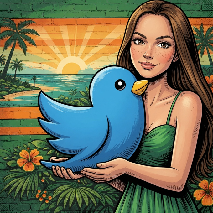 A vibrant digital illustration depicts a smiling woman in a green dress holding a large blue cartoon bird, set against a brick wall painted with a tropical sunset and beach scene.