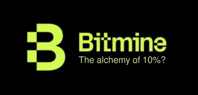 A logo for 'Bitmine' in light green text on a black background, with the tagline 'The alchemy of 10%?' underneath.
