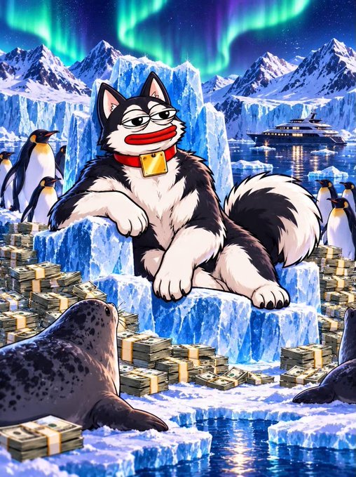 A humorous illustration depicts a husky dog wearing a gold tag sitting on ice like a throne, surrounded by stacks of cash, penguins, and seals, with the aurora borealis and a cruise ship in the background.