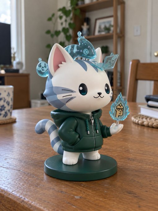 A figurine of a cartoon cat wearing a green hoodie stands on a wooden table, surrounded by translucent blue ghost-like elements and a catnip leaf.