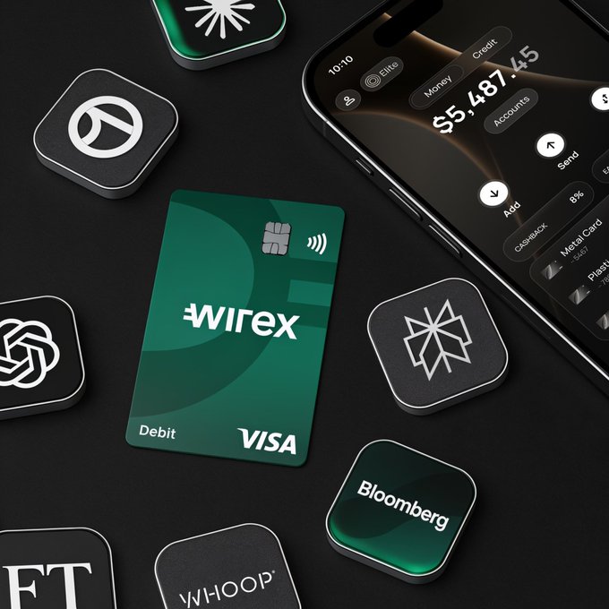 A dark-themed flat lay showcases a green Wirex Visa debit card alongside a smartphone displaying a balance of $5,487.45, surrounded by app icons representing the subscription services featured in the promotion: ChatGPT, WHOOP, Bloomberg, FT, and Uber. The arrangement visually reinforces the post's message by displaying the card and app tiles together, highlighting how Wirex users can earn 50% back in USD on these popular subscription platforms.
