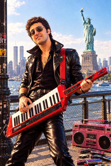 A man in a leather jacket and sunglasses holds a red Roland keytar, posing with a boombox against a backdrop of the Statue of Liberty and the New York City skyline.