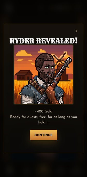 A mobile game popup screen titled 'RYDER REVEALED!' displaying pixel art of a bearded character holding a crossbow, costing '~400 Gold', with a 'CONTINUE' button below.
