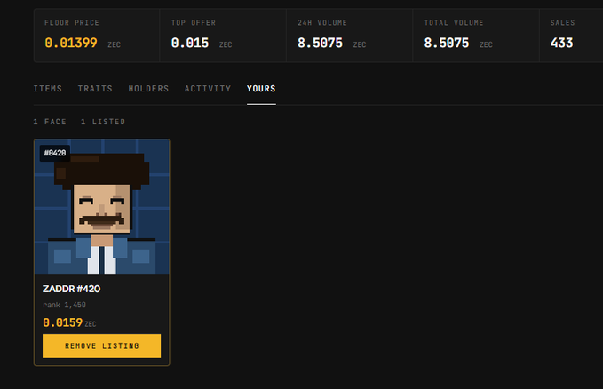 A screenshot of a cryptocurrency marketplace showing a pixel art NFT listed under the "YOURS" tab, with stats including a floor price of 0.01399 ZEC, 24H volume of 8.5075 ZEC, and 433 sales, featuring a character labeled "ZADDR #420" priced at 0.0159 ZEC with a "REMOVE LISTING" button.