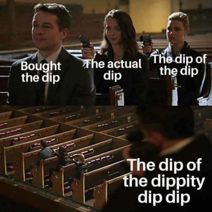 A four-panel meme showing three armed characters in church pews labeled "Bought the dip," "The actual dip," and "The dip of the dip," with a wider shot of the entire congregation below labeled "The dip of the dippity dip dip." The image humorously illustrates the post's context, depicting someone who bought at various dip levels only to discover there's always a deeper dip awaiting—as the author realizes their DCA strategy has been chasing an ever-lowering Bitcoin bottom.