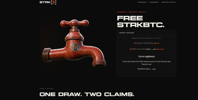 A promotional webpage for STRKBTC's Weekly Faucet featuring a 3D red faucet graphic, offering free STRKBTC with the tagline 'ONE DRAW. TWO CLAIMS.' and showing registration closed with no wallet connected.