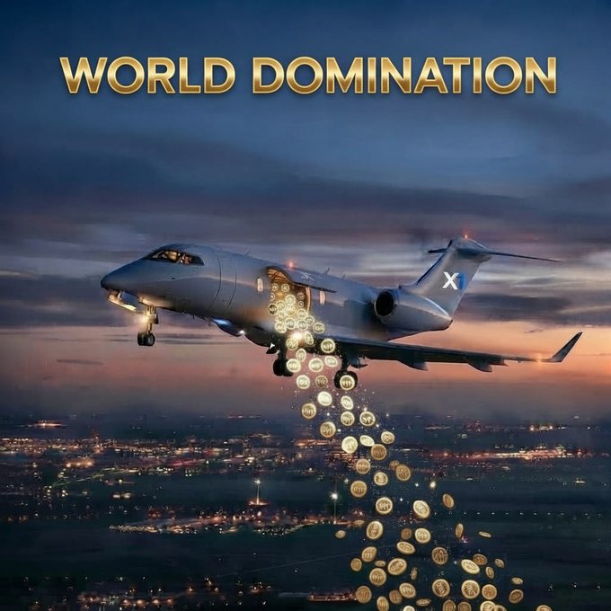 A promotional graphic featuring the bold gold text "WORLD DOMINATION" above an airplane releasing a stream of gold coins over a twilight cityscape.