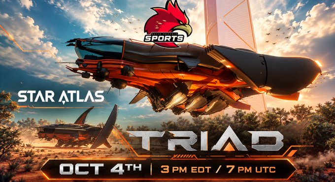 Promotional banner for the Super Phoenix Sports Star Atlas Triad event, featuring a sleek futuristic spacecraft hovering over a desert landscape with the "SPORTS" phoenix logo, announcing the broadcast on October 4th at 3 PM EDT / 7 PM UTC.