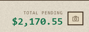 Minimalist digital display showing a 'TOTAL PENDING' amount of $2,170.55 next to a simple line-drawn wallet icon.