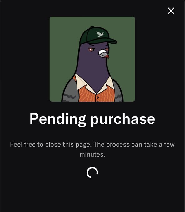 A 'Pending purchase' screen for an NFT featuring a cartoon pigeon wearing a green cap and orange vest, with a loading spinner indicating the transaction may take a few minutes.