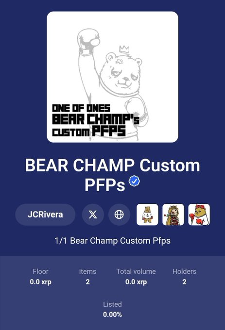 A digital trading card display for "BEAR CHAMP Custom PFPs" by JCRivera, showing a sketch of a crowned bear with a raised fist alongside statistics: 2 items, 0.0 xrp floor price, 0.0 xrp total volume, 2 holders, and three bear character icons. The image relates to the post by highlighting the rarity of these only 2 existing custom Bear Champ PFPs, one belonging to WhisperMyName (called a "real one Medici") and another described as legendary.