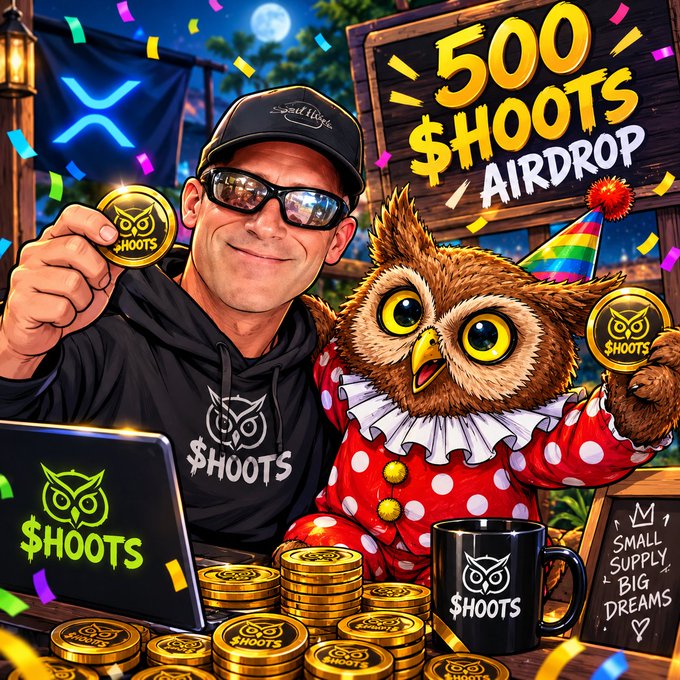 A promotional image for "$HOOTS Airdrop" showing a man in sunglasses holding a gold coin, beside an owl in a red polka-dot clown costume, with stacks of $HOOTS coins and a "Small Supply, Big Dreams" sign.
