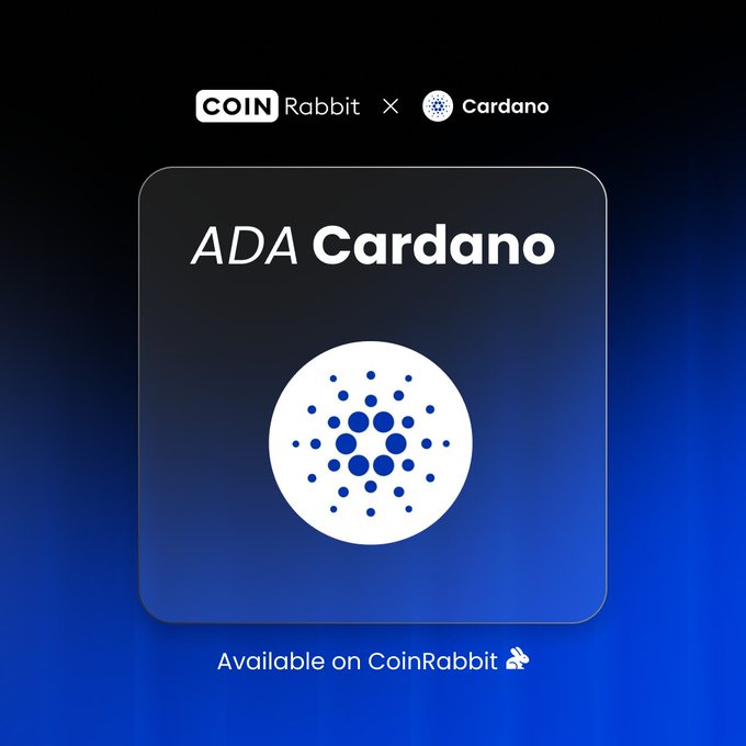 A promotional graphic features 'ADA Cardano' with the Cardano logo (a dot pattern) and reads 'COIN Rabbit x Cardano' at the top and 'Available on CoinRabbit' at the bottom.