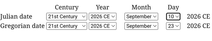 A date conversion interface displays Julian and Gregorian calendar conversions for 2026 CE, showing September 10, 2026 in the Julian calendar and September 23, 2026 in the Gregorian calendar, with dropdown menus for selecting century, year, month, and day.