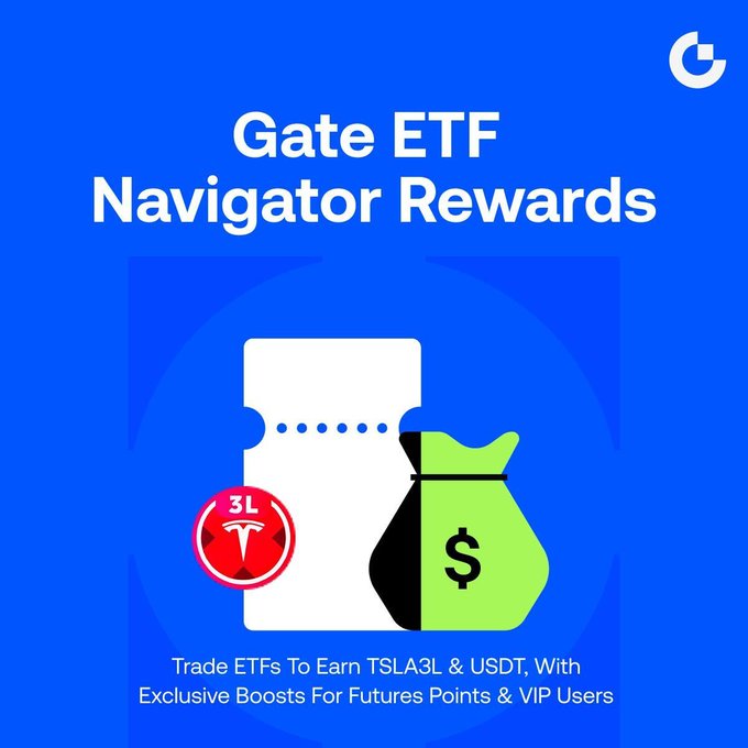 A promotional graphic on a blue background titled "Gate ETF Navigator Rewards" featuring a white ticket icon alongside a red "TSLA3L" badge and a green money bag with a dollar sign, with text reading "Trade ETFs To Earn TSLA3L & USDT, With Exclusive Boosts For Futures Points & VIP Users," visually supporting the announcement of a rewards program offering TSLA3L tokens and USDT for ETF trading.