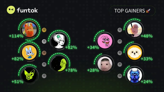'funtok' leaderboard titled 'TOP GAINERS' listing ten ranked meme token avatars with percentage gains ranging from +24% to +114%, topped by an orange cat character.