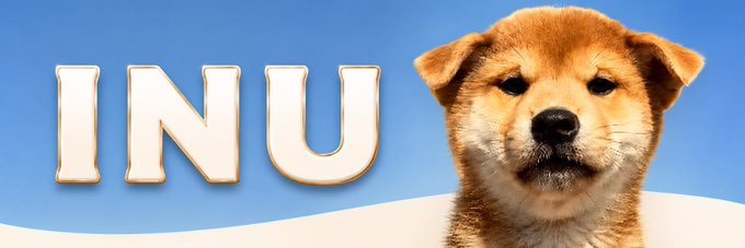 The image features an adorable tan and white Shiba Inu puppy on the right side, alongside the bold text "INU" in white letters on a blue background. The image directly relates to the post by showcasing the "cutest Inu" mascot for the Uni-listed token with contract address 0x6abaa116feb349a3cc19cee599b585e298c1c36c.