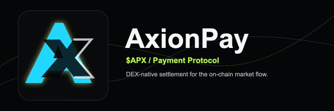 The image features an advertisement for AxionPay, which is a payment protocol designed specifically for the DEX era. The text on the image reads "AxionPay Protocol is building a payment-first identity for the DEX era." This implies that AxionPay is focused on payments and has developed a unique payment protocol tailored to the specific needs of the DEX era, which may include native settlement language or other features designed for efficient market screens. The use of blue and green colors in the image further emphasizes the theme of payments and financial services.