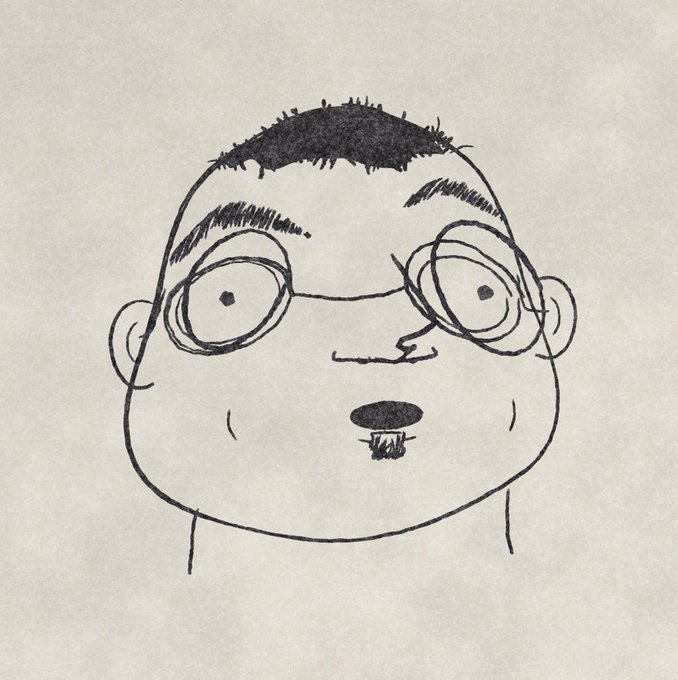 A simple hand-drawn pencil sketch of a cartoonish character's face with a jagged patch of hair, wide eyes, and a small mustache and soul patch.