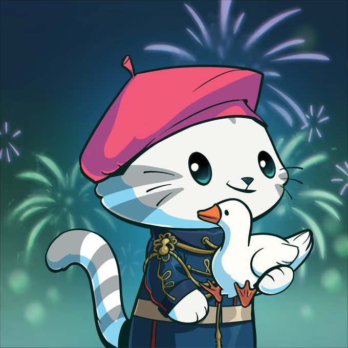An illustrated cartoon seal character wearing a red beret and military-style uniform, holding a goose, set against a fireworks background.