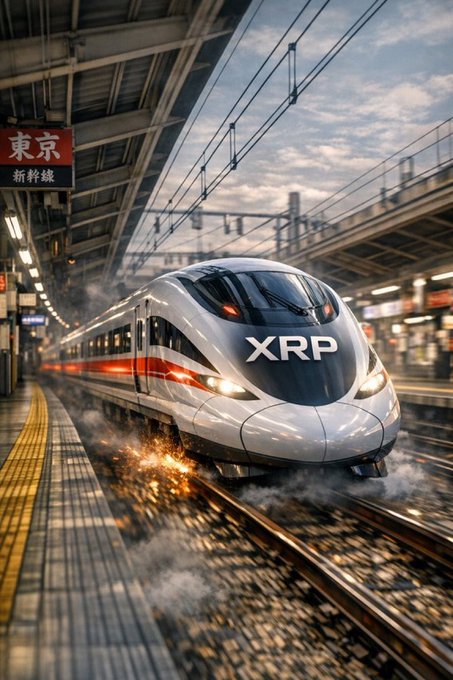 The image shows a white, high-speed bullet train traveling down tracks at night with smoke coming out of its wheels. In the background, there are buildings visible behind the train. The caption reads "Are you on board the $XRP train?", which suggests that the viewer might be interested in investing or following the development of the cryptocurrency XRP.