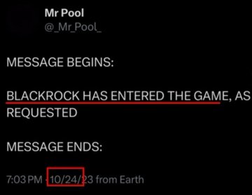 A black and white text message from Mr Pool to Mr Pool, requesting the game to begin at 10:24 am on October 24th from Earth.