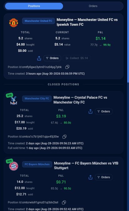 A mobile app interface showing sports betting positions and orders, including 'Moneyline – Manchester United FC vs Ipswich Town FC' with a P&L of $1.14, 'Moneyline – Crystal Palace FC vs Manchester City FC' (closed, P&L $3.19), and 'Moneyline – FC Bayern München vs VfB Stuttgart'.