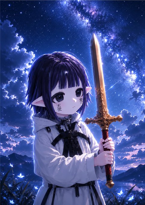 An anime-style illustration of a dark-haired elf girl with Chinese characters on her cheeks, holding an ornate sword against a starry night sky.