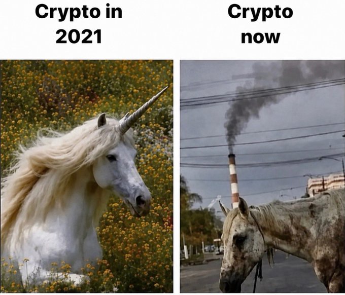 The image is a two-panel meme contrasting "Crypto in 2021," shown as a majestic white unicorn in a vibrant flower field, with "Crypto now," depicted as a battered, dirty horse standing in front of a smoking industrial smokestack, humorously illustrating the dramatic decline in crypto's fortunes.