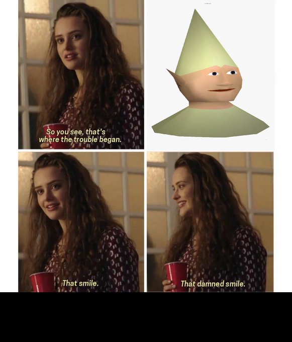 A four-panel meme featuring a young woman saying 'So you see, that's where the trouble began,' alongside a strange green gnome-like character, followed by 'That smile' and 'That damned smile' captions.