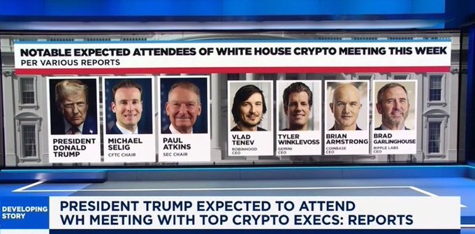 A news broadcast showing 'NOTABLE EXPECTED ATTENDEES OF WHITE HOUSE CRYPTO MEETING THIS WEEK' featuring President Donald Trump, Michael Saylor, Paul Atkins, Vlad Tenev, Tyler Winklevoss, Brian Armstrong, and Brad Garlinghouse.