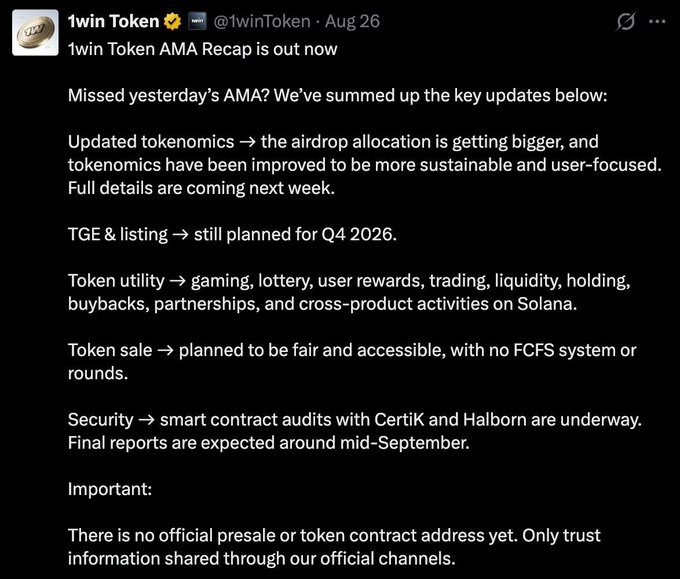 Tweet from @1winToken dated Aug 26 recapping an AMA about tokenomics updates, TGE planned for Q4 2026, token utility on Solana, and pending smart contract audits with CertiK and Halborn.