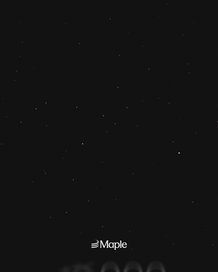 The image features a large square with a black background filled with numerous small white dots or stars scattered throughout. The caption below the image reads "60K followers on X. On-chain and off, Maple keeps scaling." This suggests that there are 60,000 followers on social media platforms named Maple, which is an online community focused on sharing information about maple syrup products. The post also mentions that the Maple community has been growing in size over time, indicating a steady increase in followers.